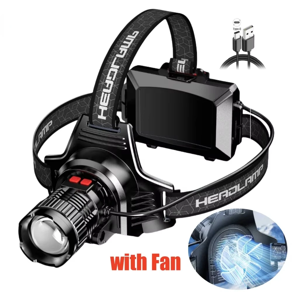 High Power Strong Light Headlight Long Range LED Headlamp With Fan Zoomable For Camping Fishing USB Charging Head Light