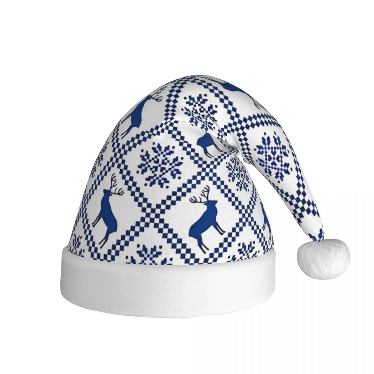 Blue Scandinavian Pattern Christmas Hat for Adult Men Women Winter Christmas with Reindeer Santa Hat Cap Cosplay Gifts