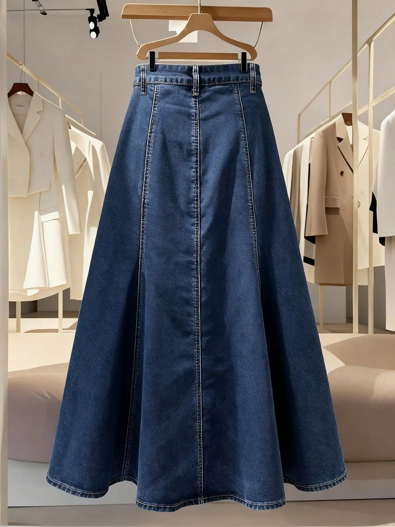 

Women's Washed Casual Denim A-Line Midi Skirt With Pockets