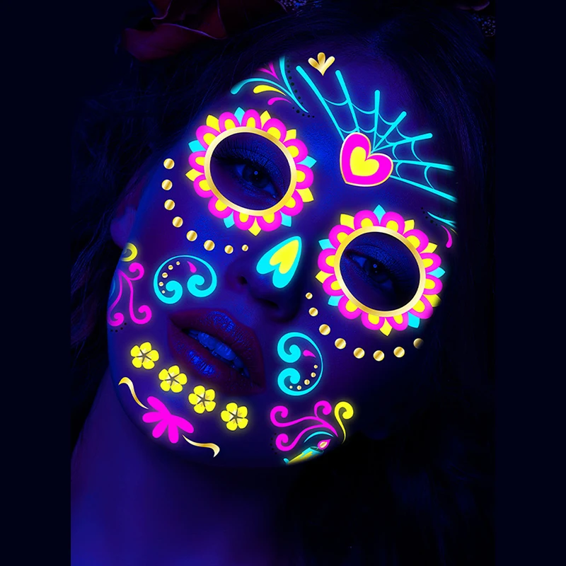 Fluorescent Day of the Dead Face TattooHalloween Death Bronzing Neon Party Sticker Temporary Tattoos Waterproof Makeup Decorati