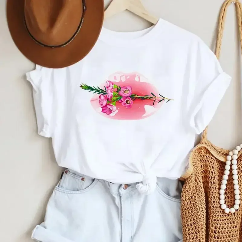 

New Red Love Flower Base Cartoon T-shirt Women's Cute Half Sleeve Short Sleeve Top Polyester Fabric Tee