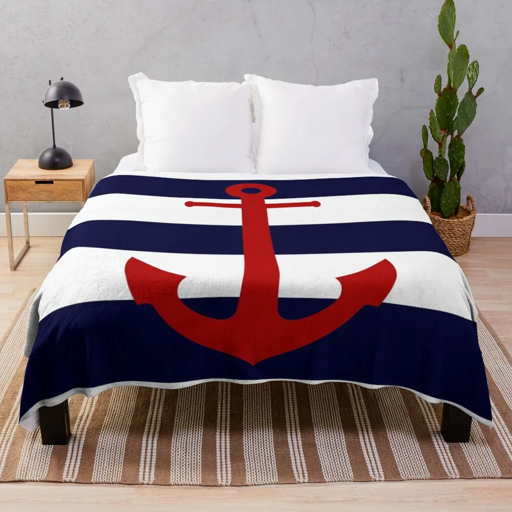 Nautical Red Anchor On Navy Blue Stripes Throw Blanket Soft Big Blanket Loose Blanket Blanket For Baby