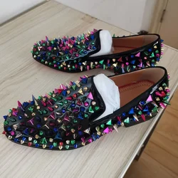 LOUBUTEN Multicolor Spikes Loafers Black Men Patent Leather Shoes Dress Shoes Luxury Handmade Casual Rivet Shoes Plus Size