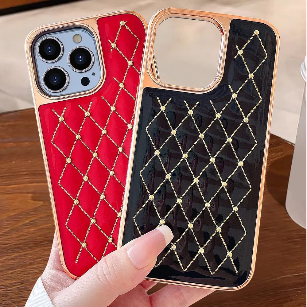 VIETATO Custodia per cellulare in pelle PU placcata da donna per iPhone 13 12 11 pro max, cover per telefono all-inclusive in pelle PU con griglia, rossa