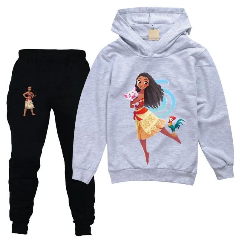 Moana Cartoon Hoodie e calças conjunto para crianças, roupas de bebê com capuz, tops infantis, roupas Vaiana Girl, anime dos desenhos animados, outono, primavera, 2-15Y