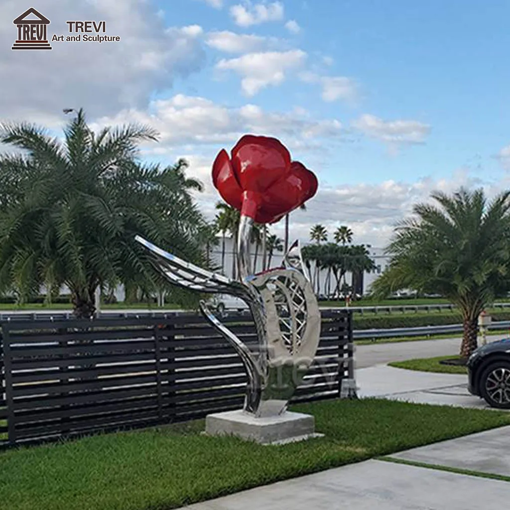 TREVI High Quality Garden Outdoor Decoration Red Metal Rose Flower Sculpture Art Stainless Steel Statue