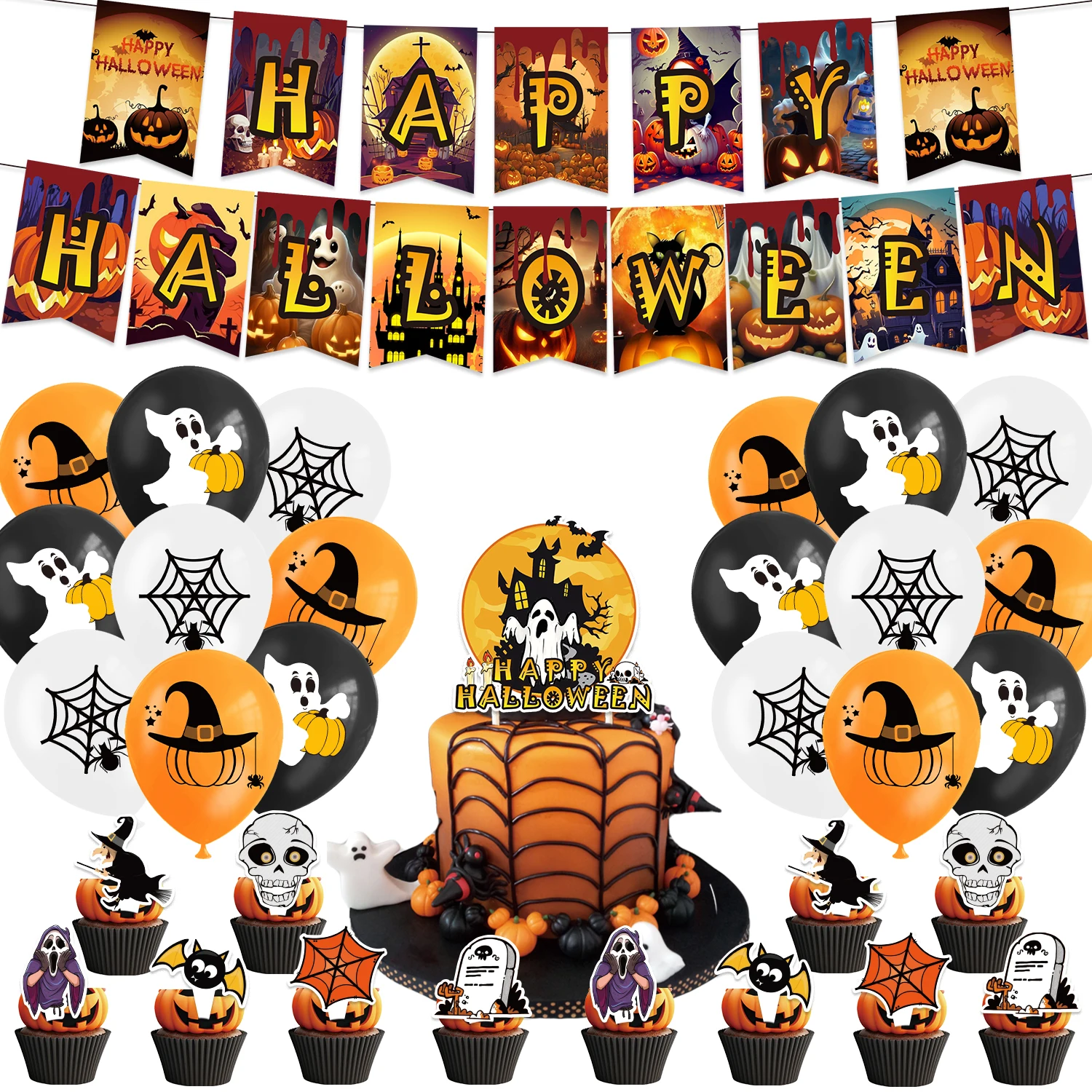 Cartoon Halloween Birthday Party Decoration Horror series theme Banner Cake Topper Balloon Baby Shower Halloween Party Supplies