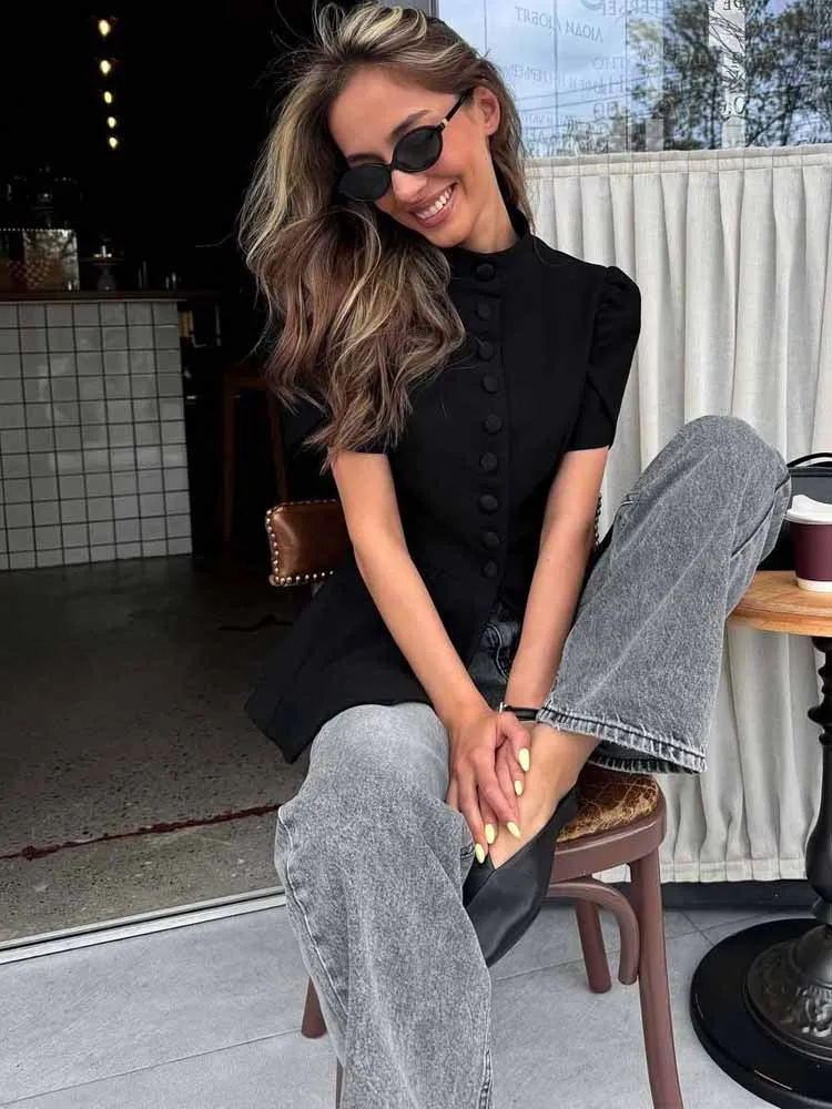 MCDV-Camiseta informal de un solo pecho para mujer, chaqueta elegante con cuello levantado y manga corta abombada, traje adelgazante de cintura alta, ropa de calle 2025