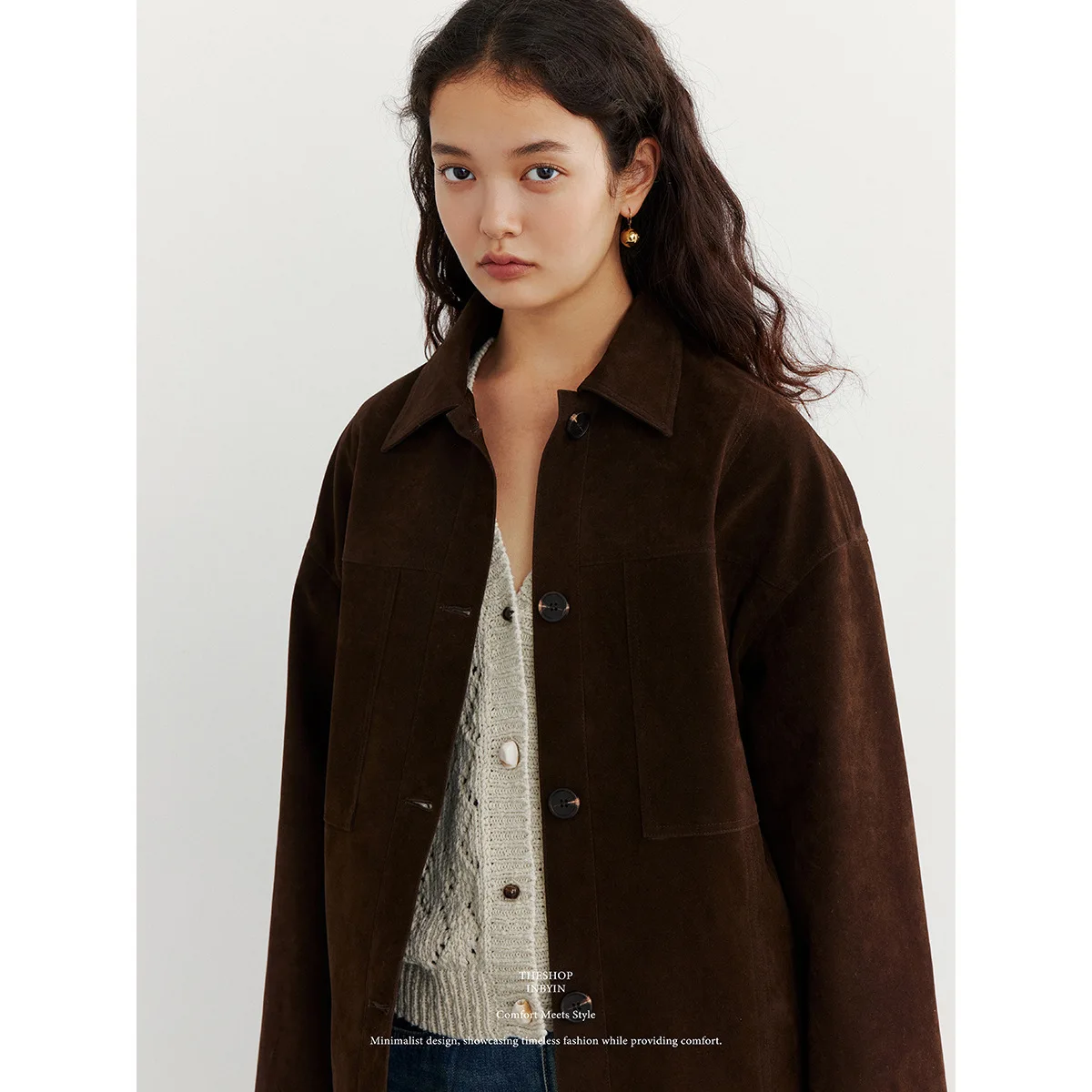 

Loose Lace-up Cargo Suede Shirts Jacket For Women Turn-down Collar Coat Autumn