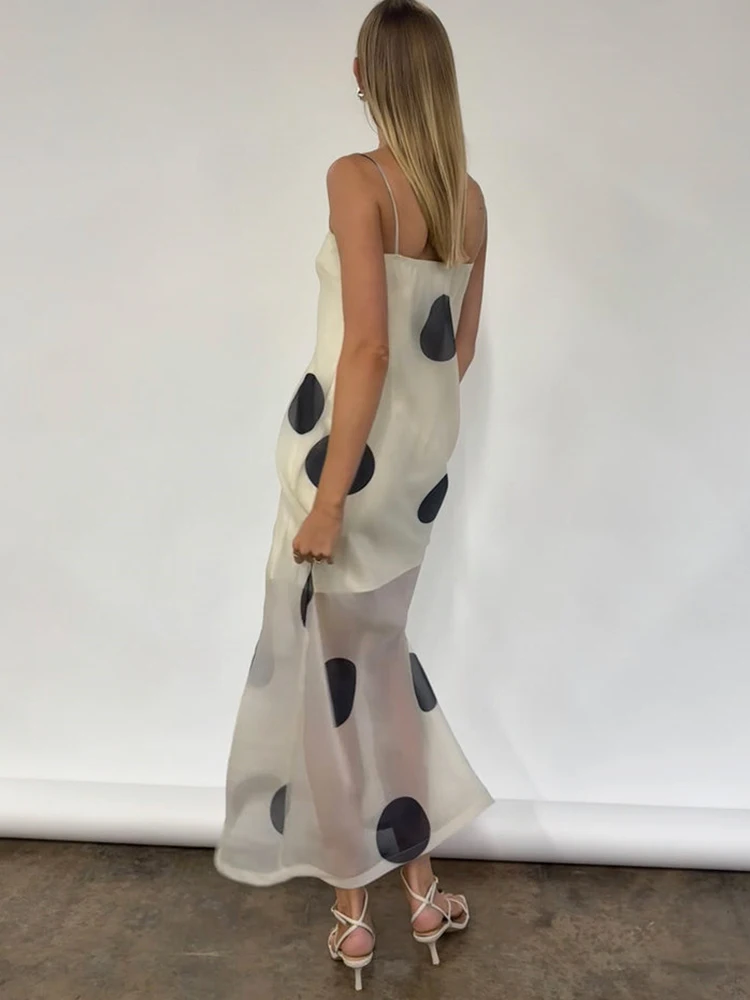 Oniflyme Polka Dots Gedruckt Patchwork Maxi Kleid Frauen Kleid Spaghetti Strap Backless Durchsichtig Outfits Party Elegante Kleider