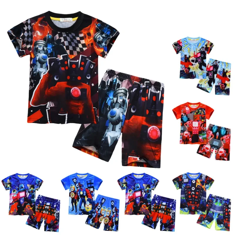 Skibidi toilet pajamas sets cartoon titan audio Man summer children Short Sleeve T shirt sportwear Baby Beach short sleeved suit