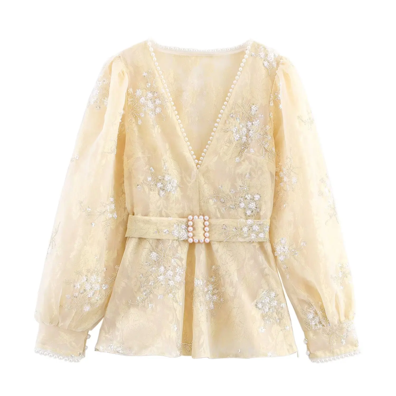 JNLEAOG Primavera delle Nuove Donne Faion Bead Bottone di Perle Copricapi Eleganza Lungo Sve Top Fibra di Poliestere V-ne Vestibilità Allentata