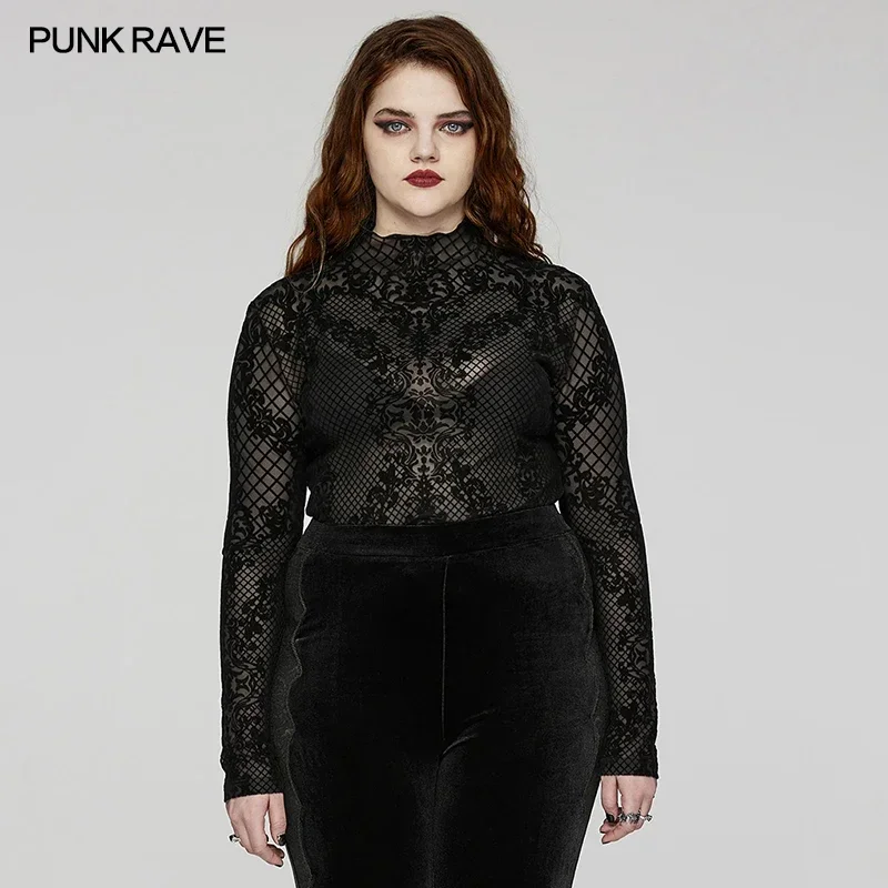 

PUNK RAVE Women's Gothic Mesh Simple Stand Collar T-shirt Mystery Custom Printed Flocked Pattern Long Sleeve Tops Spring/Autumn