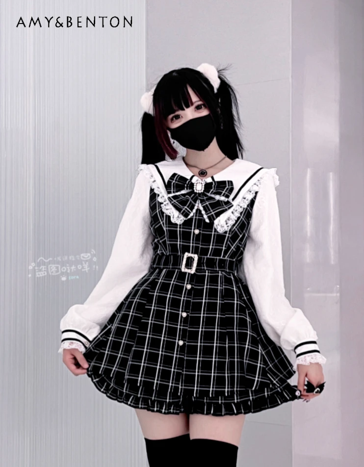 Subkultur Japanische Mine-Serie Masse produzierter Gürtel Slim Plaid Set Schleife Spitze Spleißen Langarm Kleid Shorts Goth Zweiteiliges Set