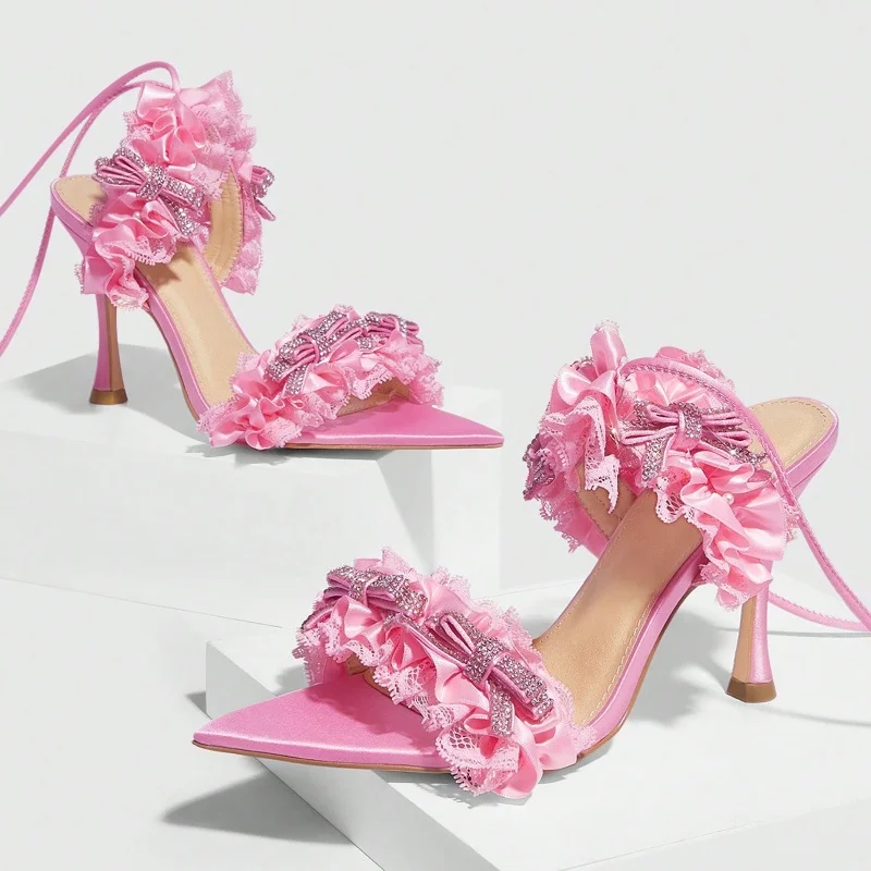 

Shiny Rhinestone Bow Pleated Edge Slippers Women Elegant Open Toe High Heel Sandals Slip-on Stiletto Heel Ankle Strap Women Shoe