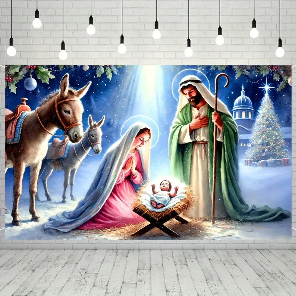 Jesus-Geburtsbanner, religiöser Fotografie-Hintergrund, Weihnachtstag, Familientreffen, Party, verschneite Szene, Studioaufnahme, Hintergrund