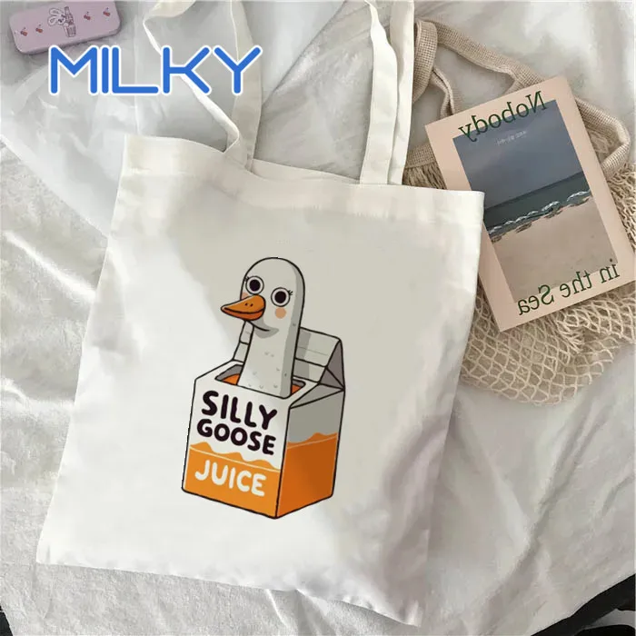 

Cute Silly Goose Juice Bags Harajuku Cartoon Vintage Shopping Canvas Bag Funny Women's Shoulder Bags Kawaii Gifts Travel Bag