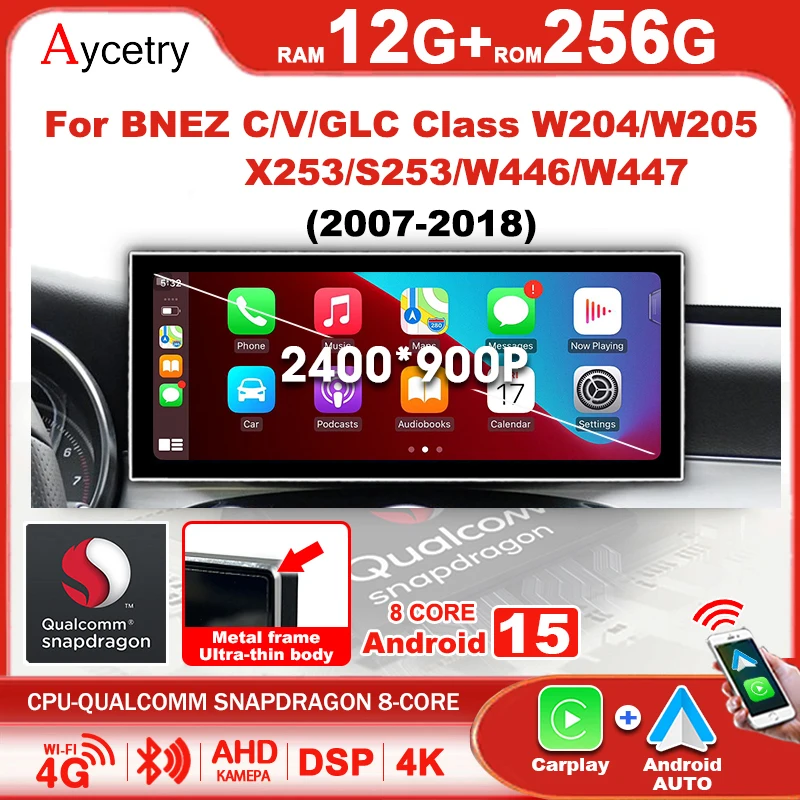 Qualcomm Snapdragon 8-CORE 2400*900P Écran tactile ultra fin sans fil Carplay Android 15 Autoradio GPS pour Mercedes-Benz Classe C/GLC/V W204 W205 X253 C253 W446 W447 2007-2018 2 Din autoradio stéréo Lecteur multimédia Bluetooth WIFI 4G LTE