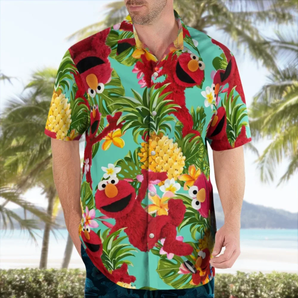 Neues Harajuku Anime 3D Elmo Hemd Hawaii-Hemd Herren Sommerurlaub Strand Kurzarm Herrenhemden Übergroße Freizeitkleidung für Männer
