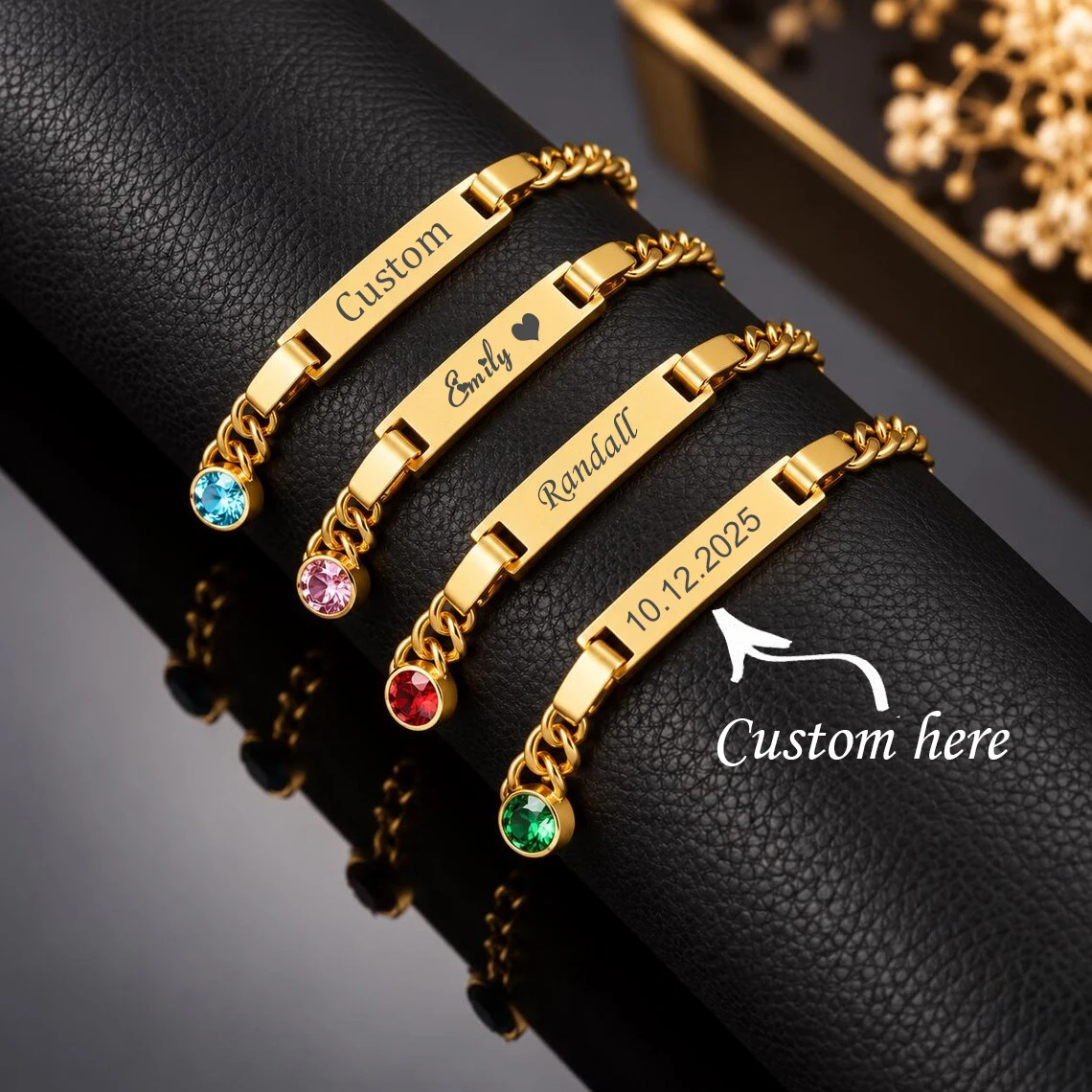 Kissmoon Personalized Birthstone Baby Bracele Custom Engrave Name Date Bracelet Stainless Steel Kids Children Baby Birthday Gift