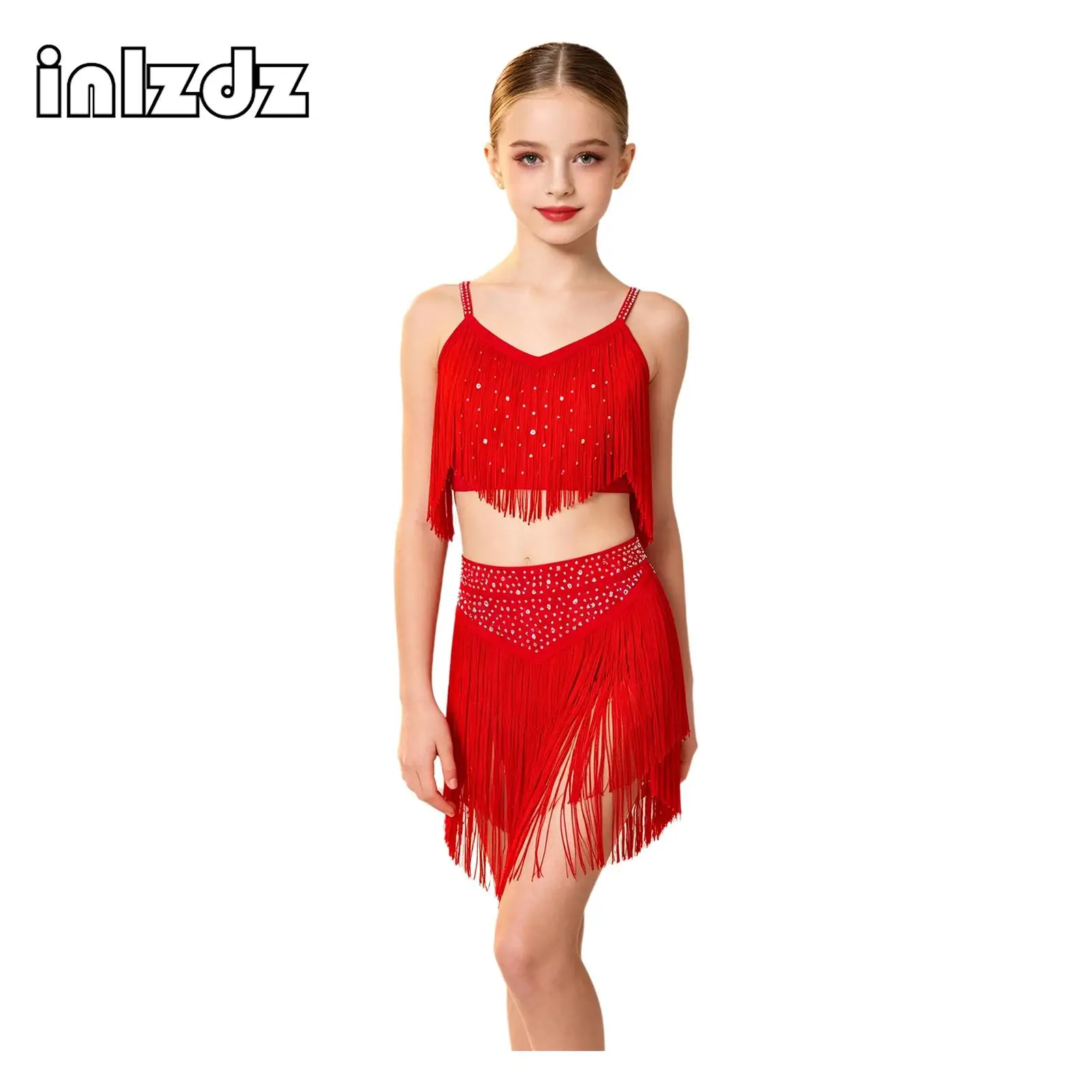 Kids Girls Glitter Rhinestone Ballet Dance Sets Gymnastics Dance Costume Outfits for Modern Latin Jazz Dancing Stage Performance