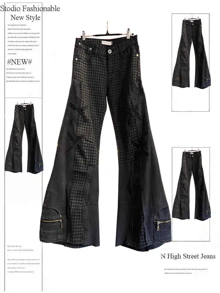 Women Dark Academia Checkered Grunge Cyber Punk Flare Jean Y2k Harajuku Patchwork Cargo Denim Pants Goblin Core Bell-Bottom New