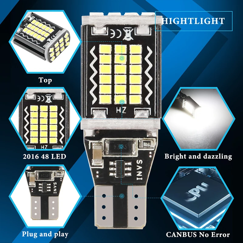 2X T15 led  NO Error Canbus W16W 921 912 LED High Power 48pcs 2016SMD Backup Light For Car Reversing Light daytime running light