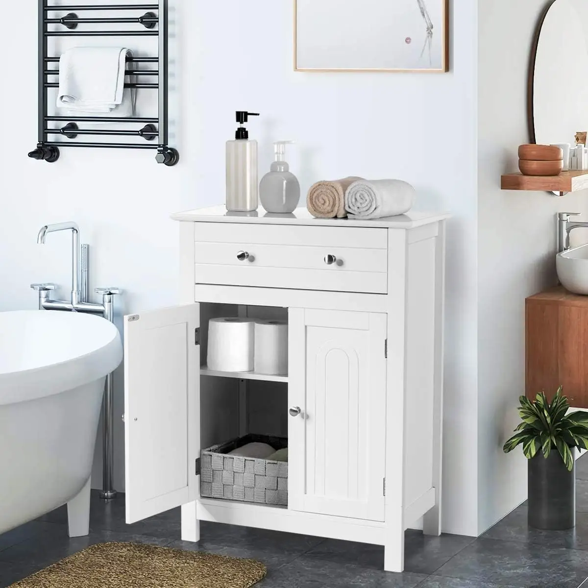 Bathroom Floor Storage Cabinet, Double Doors Wooden Bathroom Cabinet with a Large Drawer and Adjustable Shelf, Perfect for Bathr