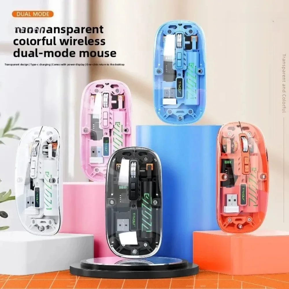 

Transparent Colorful Dual Mode 2.4G Bluetooth Wireless Mouse Rechargeable Silent Mice with Power Display for iPad Laptop PC