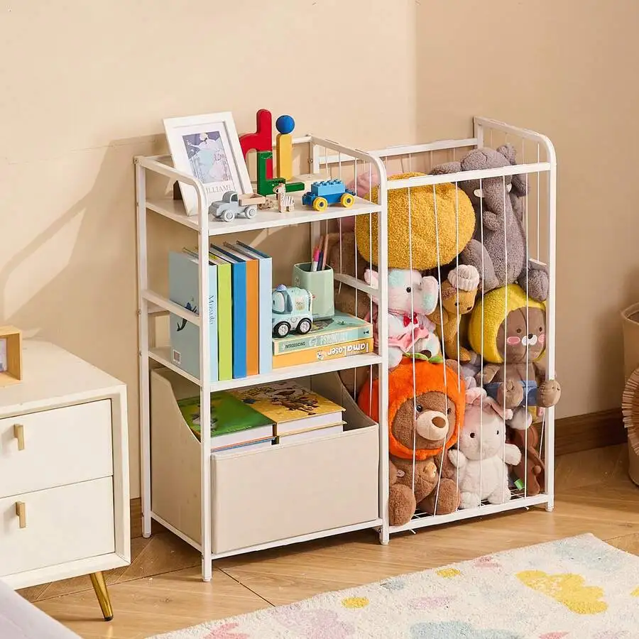Kids Bookshelf And Stuffed Animal Storage, Toy Storage Organizer, 2-Tier Book Shelf With Fabric Toy Chest, Toy Storage For Kids