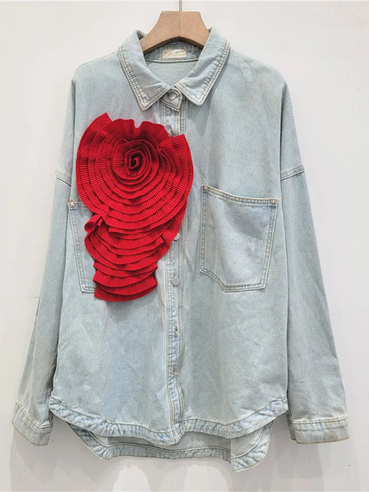 DEAT Fashion Women\'s Spliced Wrinkled Flower Denim Shirts 2024 Summer Turn-down Collar Long Sleeve Buttons Blouse Female 29L7750