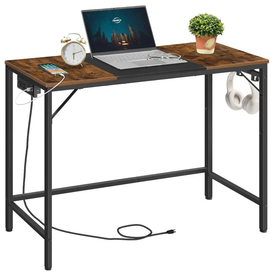 Mesa de Computador, Mesa de Escritório Doméstico com Tomada, Mesa de Estudo Moderna com 3 Ganchos para Sala de Estudo, Escritório Doméstico, Robusta e Prática