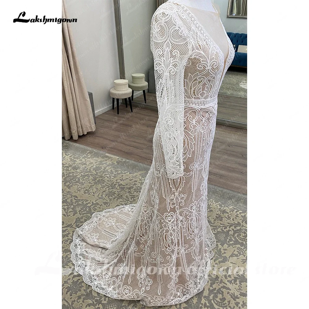 Yanshmigown-Robes de mariée en dentelle à col en V profond pour femmes, sirène, dos ouvert, patients, quel que soit le train de balayage, bohème, éducatif, mariée