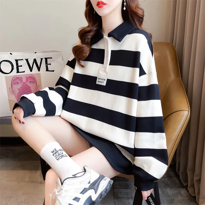 

Полосатый женский свитер в европейском стиле с воротником-поло, осень 202, модный темпераментный зимний свободный топ с длинными рукавами на флисовой подкладке