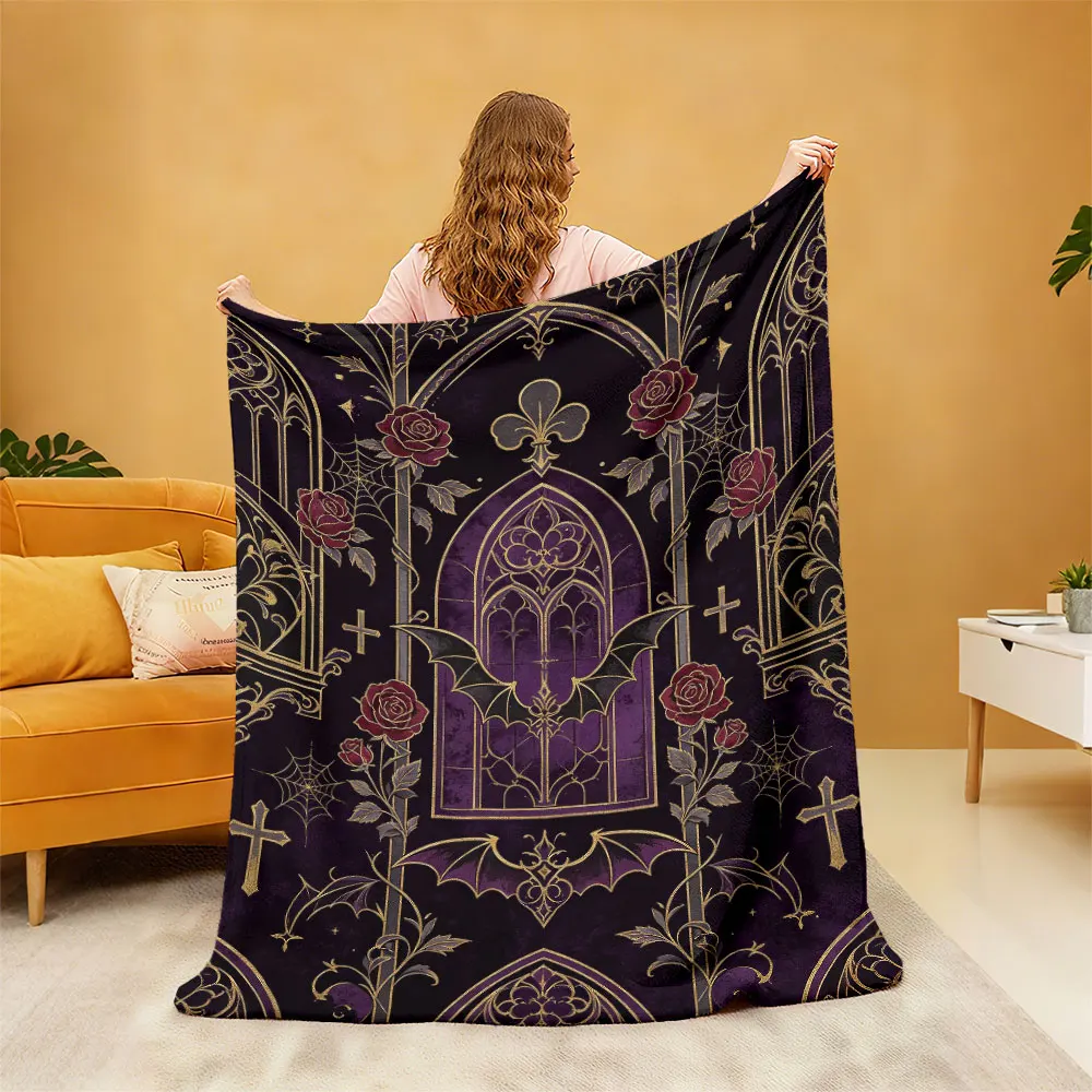 1pc Gothic Rose Bat Church Pattern Print Flannel Blanket Soft Cozy For Sofa Rest Napping Stylish Home Decoration Gift