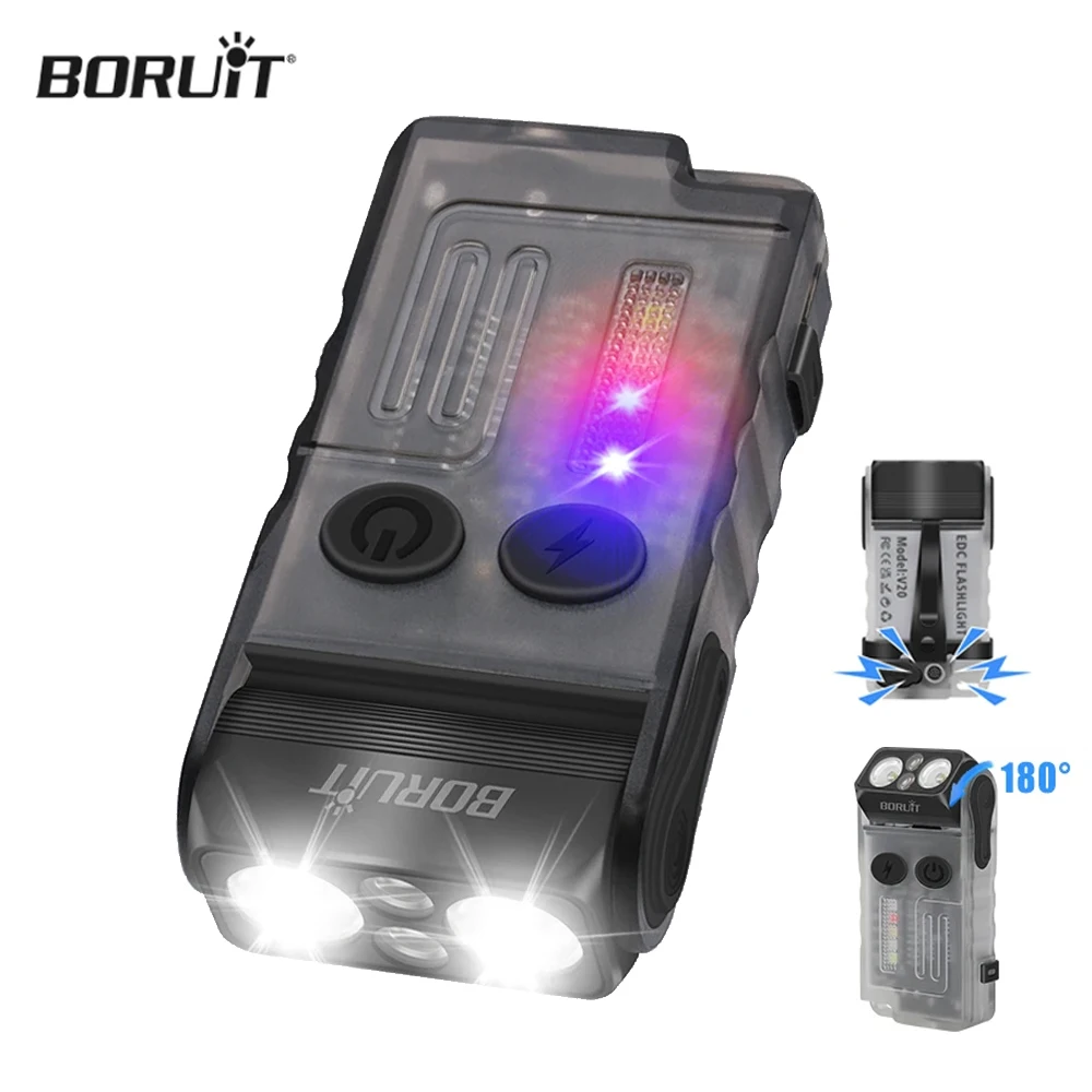 BORUiT V20 Powerful LED Flashlight Keychain 180Rotation USB-C Rechargeable Work Light Camping Fishing Torch Alarm Emergency Lamp