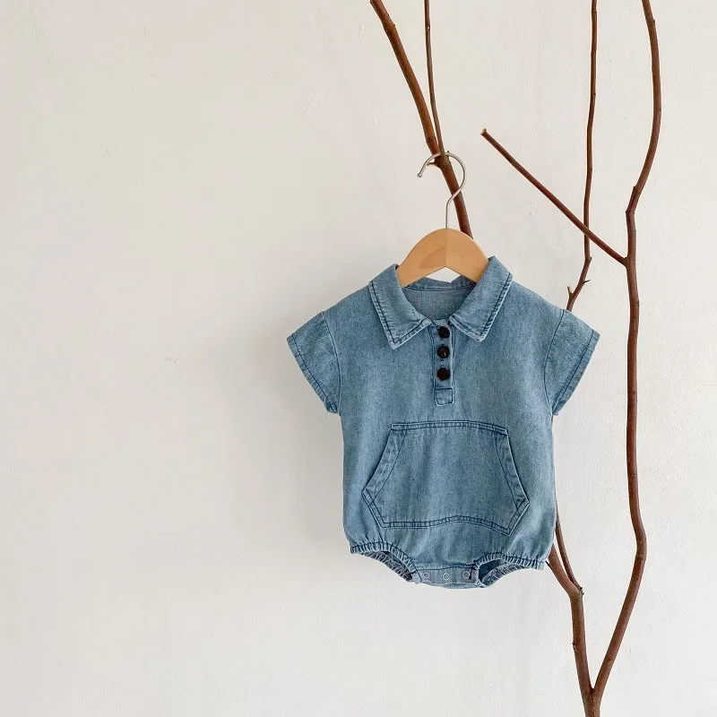 

0-3Years Newborn Baby Boy Romper Fashion Summer Solid Color Short Sleeve Turn Down Collar Denim Bodysuit Outfits Clothes