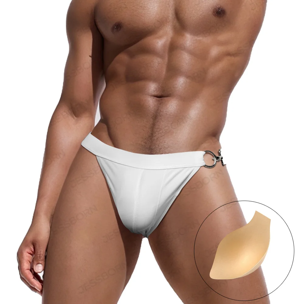 

Men's Half Hip Wrapped Underwear with Pad Single Side Metal Button Swimming Pants Sexy High Fork T-shaped Swimming Pants