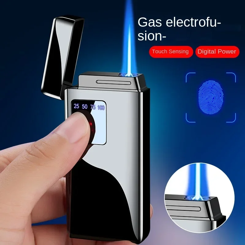 Metal Electric Blue Flame Ice Plating Digital Display Power Touch Sensor Outdoor Windproof Jet Cigar Torch Lighter Without Gas