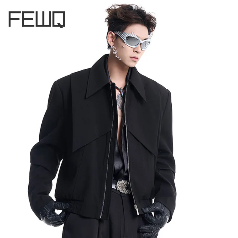 FEWQ Men's Niche Design ไหล่สั้นเสื้อ Silhouette 2024 Turn-Down COLLAR Zipper ชายเสื้อ High Street 24E5576