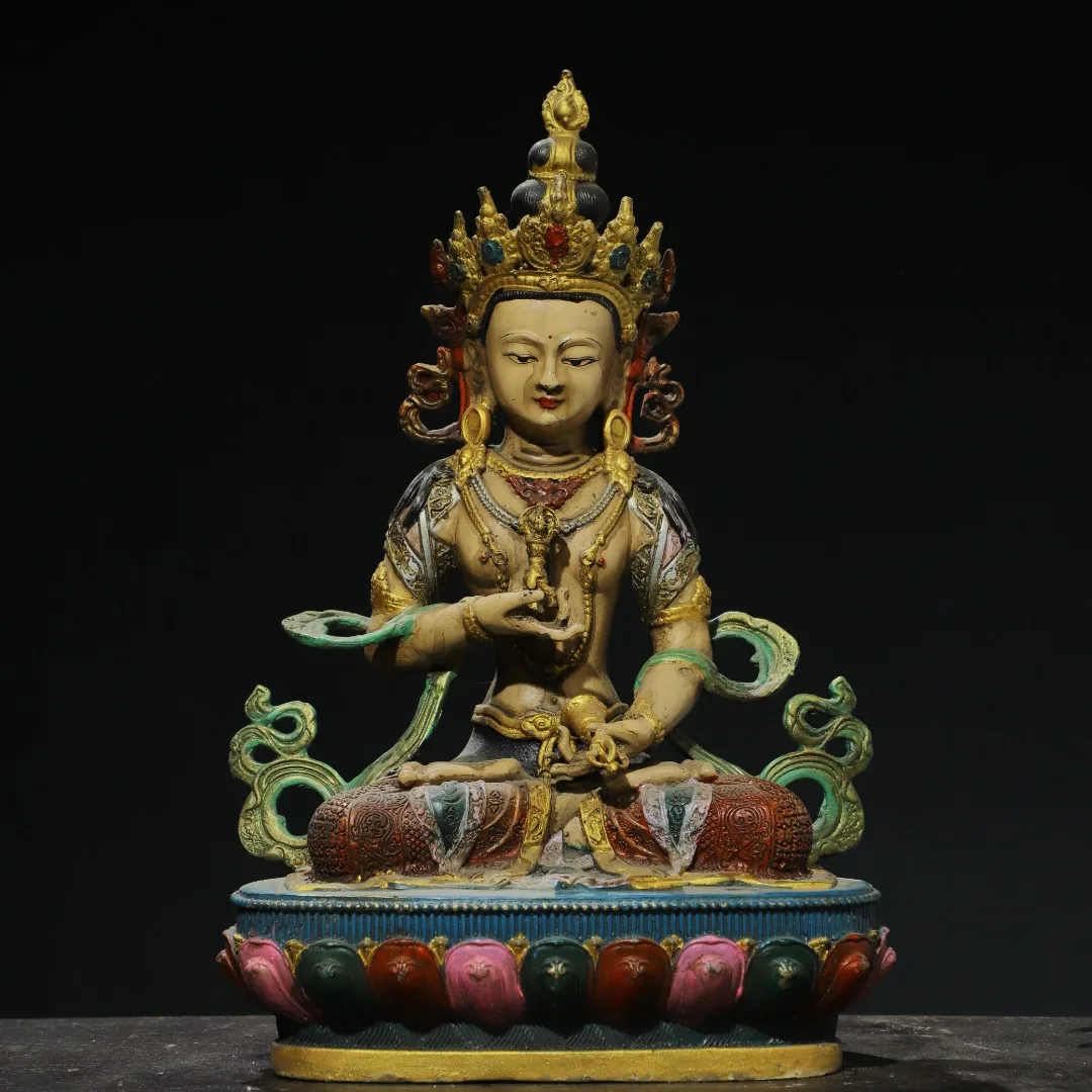 

12"Tibetan Temple Collection Old Bronze Painted Vajrasattva Sitting Buddha Lotus Platform Worship Hall Town house Exorcism