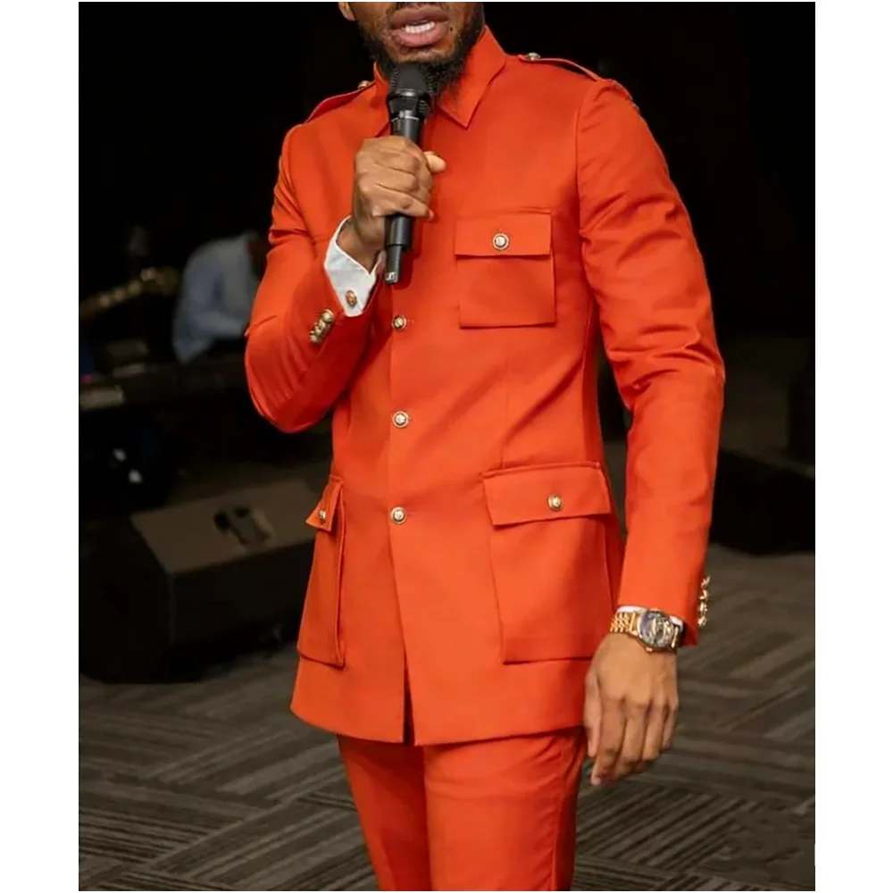 جيب كبير سفاري الرجال الدعاوى 2 قطعة سترة السراويل واحدة الصدر الزفاف البدلات الرسمية مشرق العريس ارتداء ملابس مخصصة للحفلات