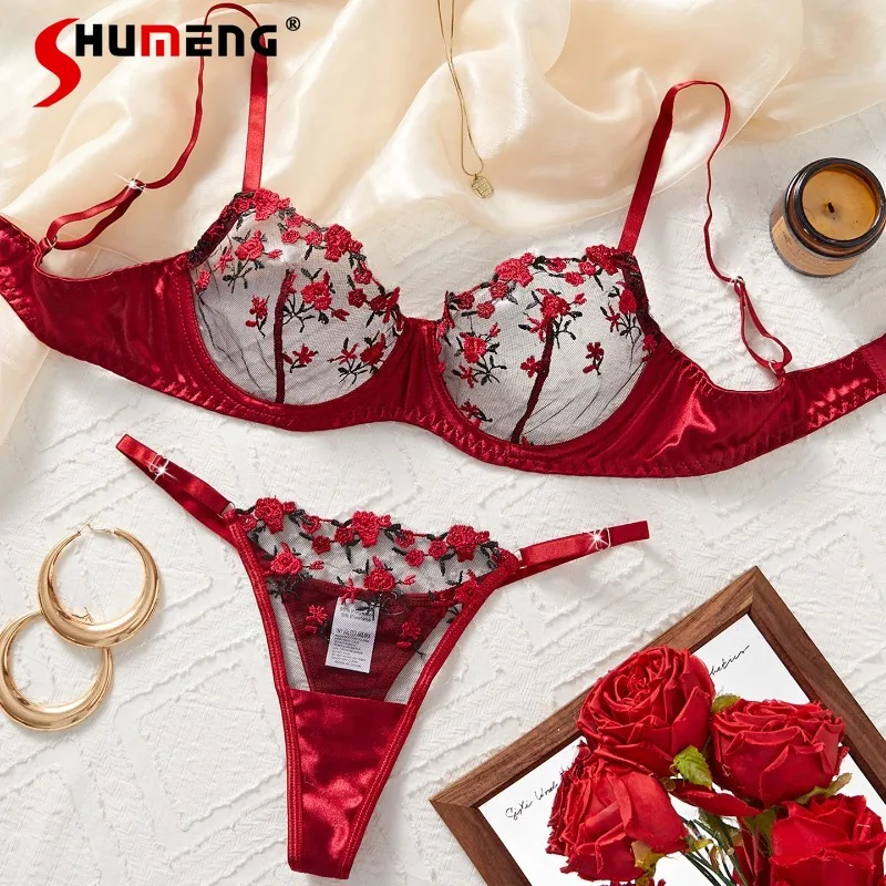 

Women's French Style Luxury Underwear Sexy Embroidered Bra Set with Underwire Female Push Up Three Point Style Intimates Suits