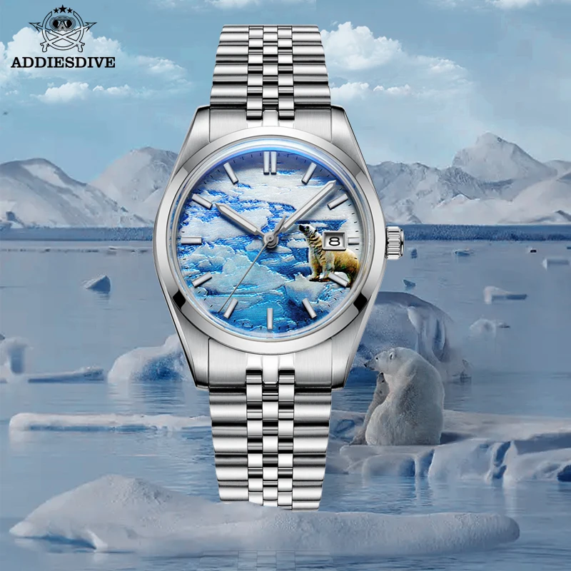 ADDIESDIVE New Mechanical Watch for Men Glacier Dial NH35 Bubber Mirror 100m Diving Business Automatic Watch Luminous WristWatch