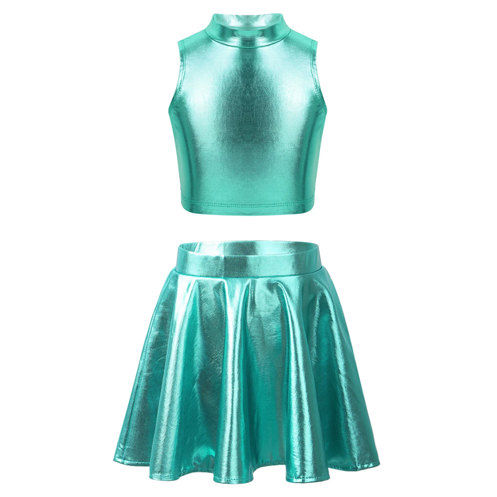 Kids Girls Metallic Shiny Hip Hop Jazz Dance Cheerleading Performance Costume Tanks Camis Crop Top with Pleated Skater Skirt Set