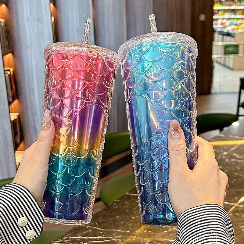 Starting Season Water Cup, INS Style Straw Cup, Large Capacity Colorful Fish Scale Water Cup, Heat-resistant Water Cup