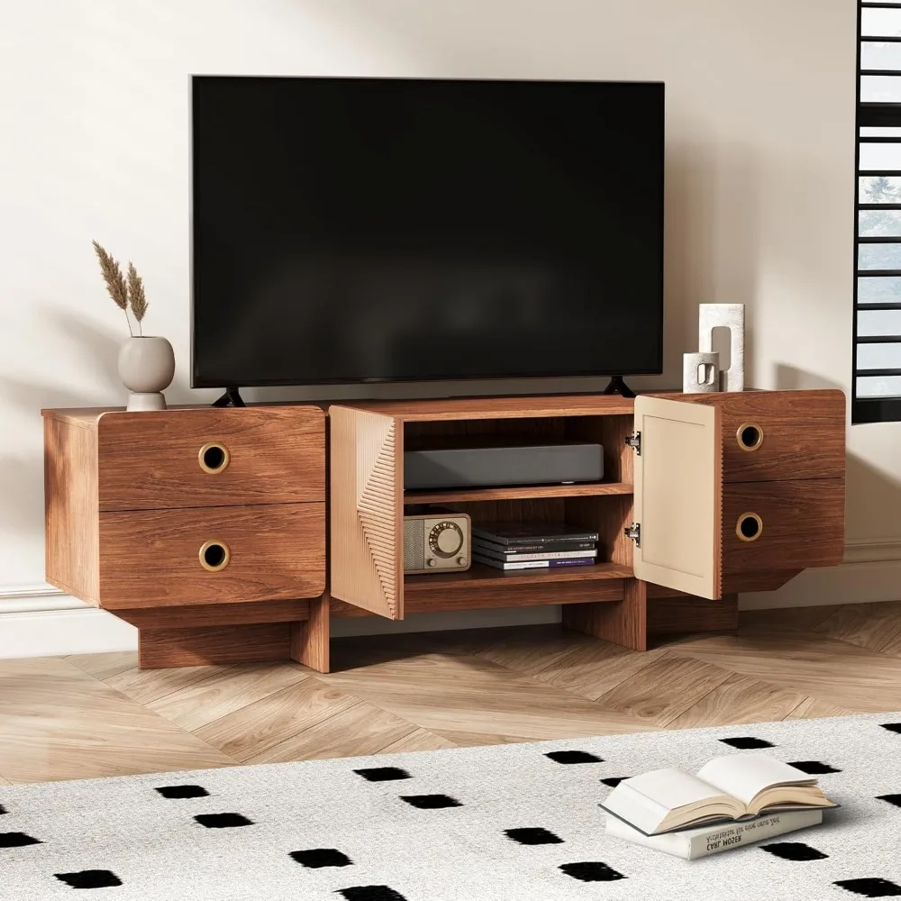Muebles de TV modernos de mediados de siglo de 75 pulgadas para sala de estar, centro de entretenimiento con almacenamiento y consola multimedia