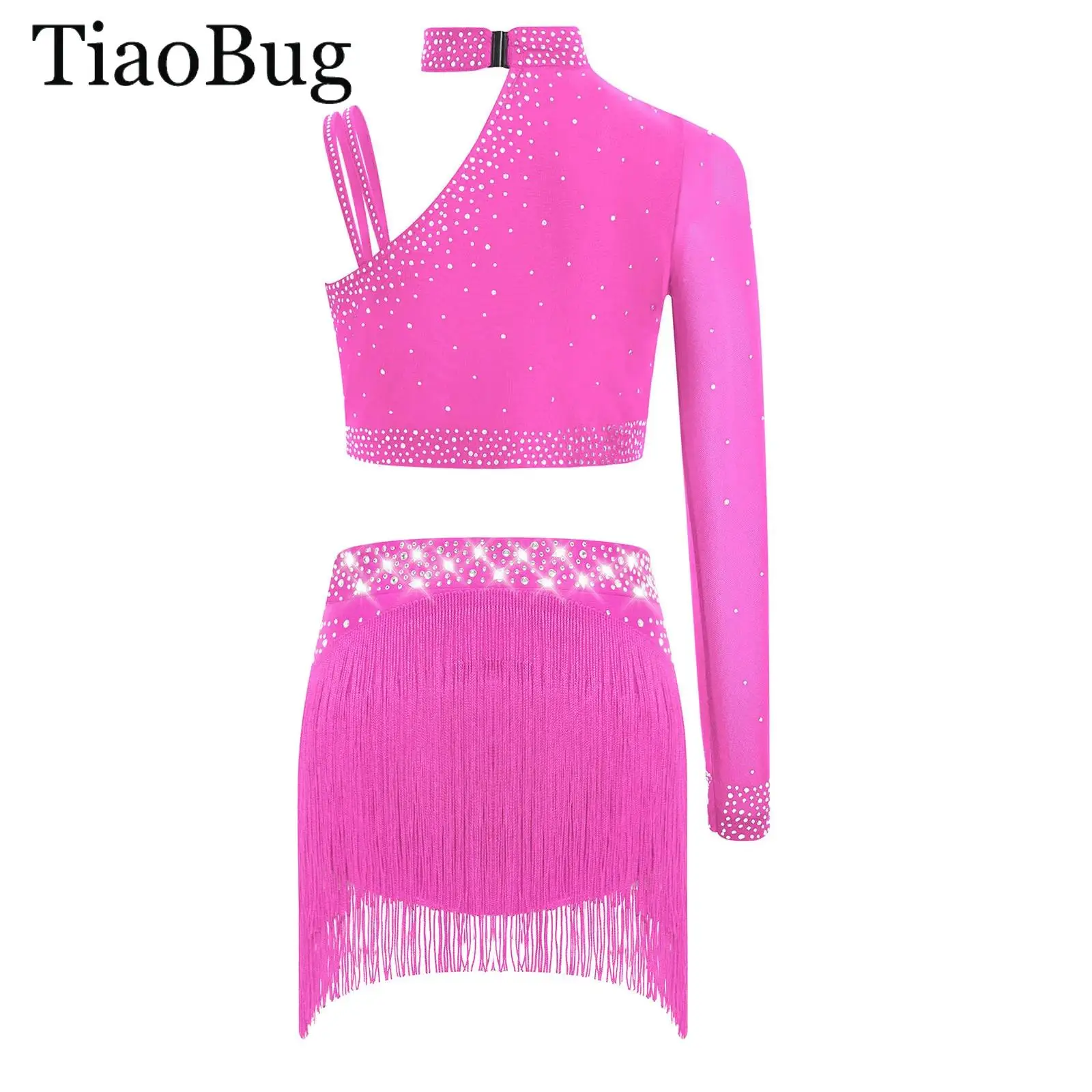 

Girls Lyrical Modern Dance Outfits One Shoulder Rhinestones Crop Top And Fringe Bottoms Skirt Ballet Gymnastic Contemporary Wear