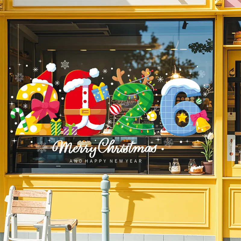 

2026 Christmas glass stickers Santa hat antlers Merry Christmas window static stickers gift bell window stickers