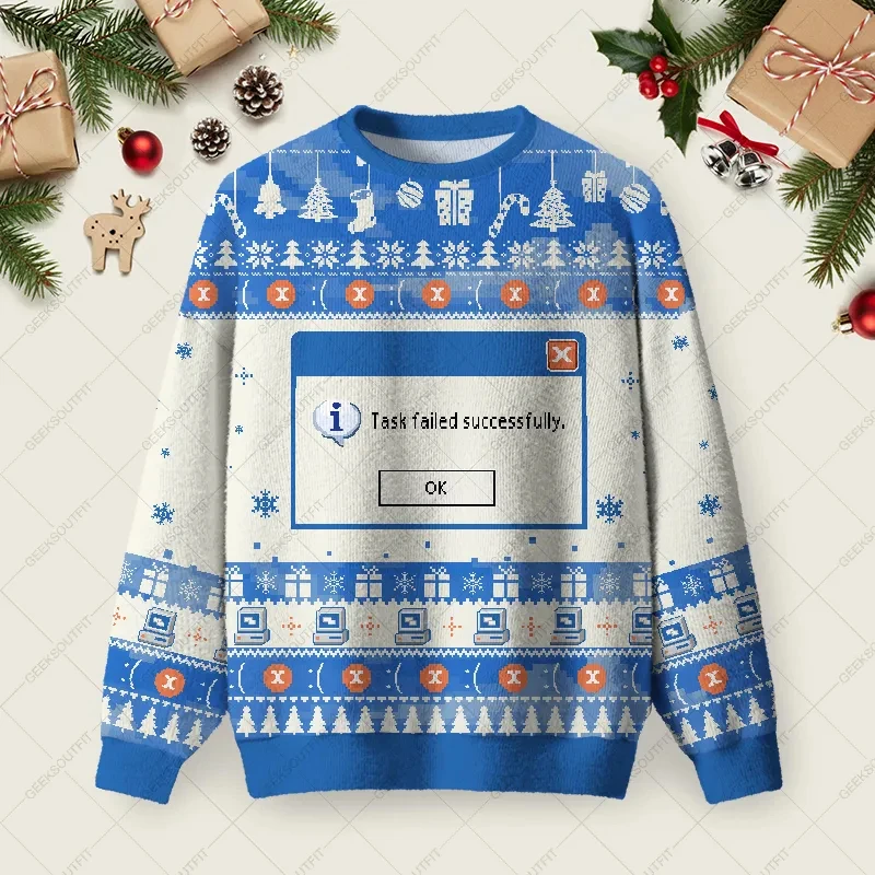 Funny Task Failed Successfully 3D Printed Mens Ugly Christmas Sweater Computer Unisex Casual Warm Pullover 2026 Jumper Sweaters